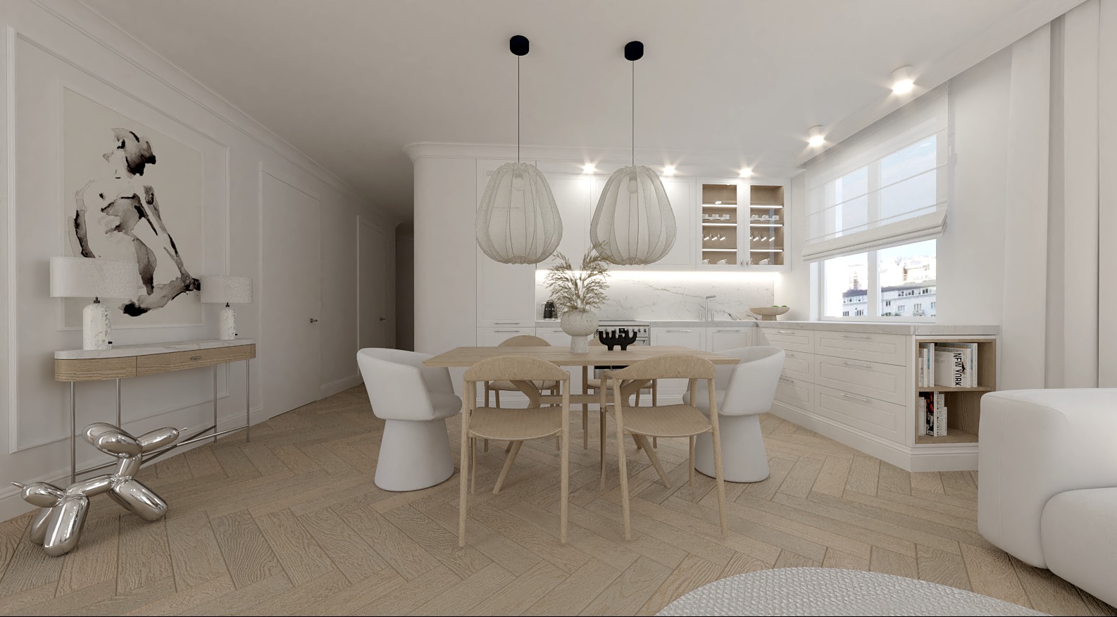 Jasne wnętrze jadalni z parkietem w jodełkę, stołem z krzesłami i dekoracyjnymi lampami. W tle widoczna kuchnia i grafika na ścianie.