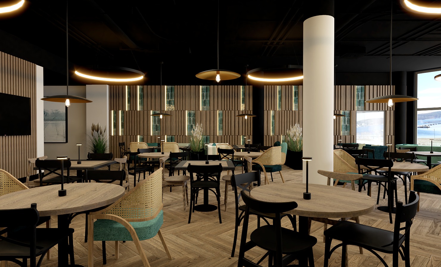 Wizualizacja wnętrza restauracji z drewnianą podłogą w jodełkę, okrągłymi stolikami i rattanowymi krzesłami pod wiszącymi lampami z ciepłym światłem.