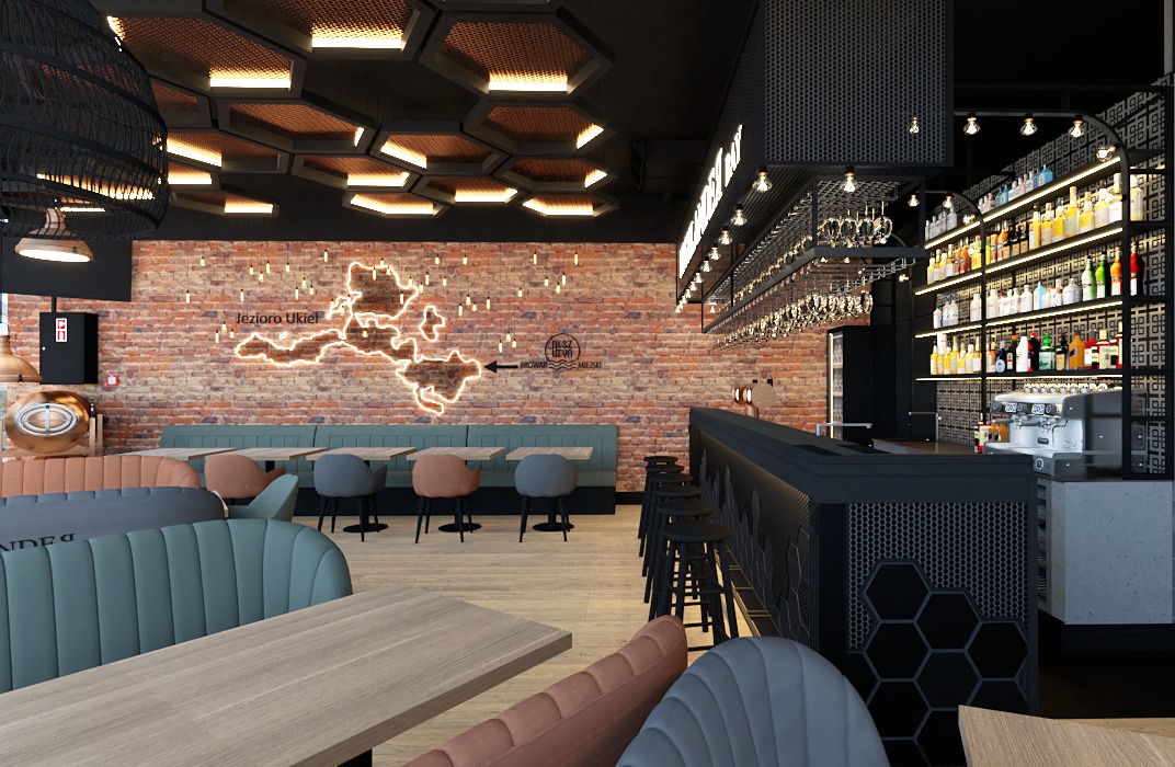 Nowoczesne wnętrze lokalu gastronomicznego z ceglaną ścianą, neonem w kształcie jeziora Ukiel, barem z alkoholem i designerskimi lampami sufitowymi.