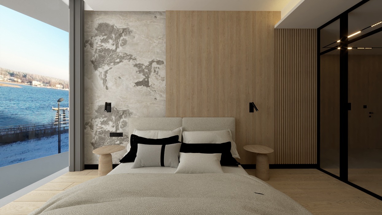 Nowoczesna sypialnia z łóżkiem typu king-size, stolikami nocnymi z drewna i dużym oknem z widokiem na rzekę. Ściana z elementami drewnianymi i imitacją marmuru.