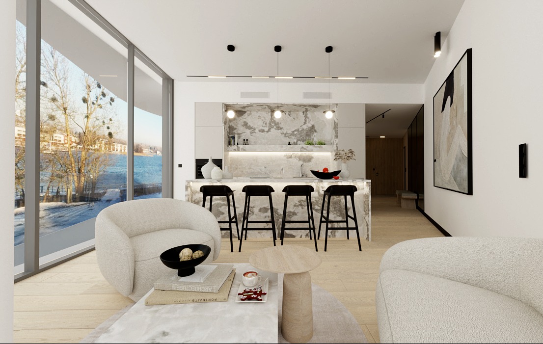 Jasne wnętrze apartamentu z widokiem na jezioro. Marmurowa wyspa kuchenna z czarnymi hokerami, designerskie lampy i minimalistyczne meble w odcieniach bieli.