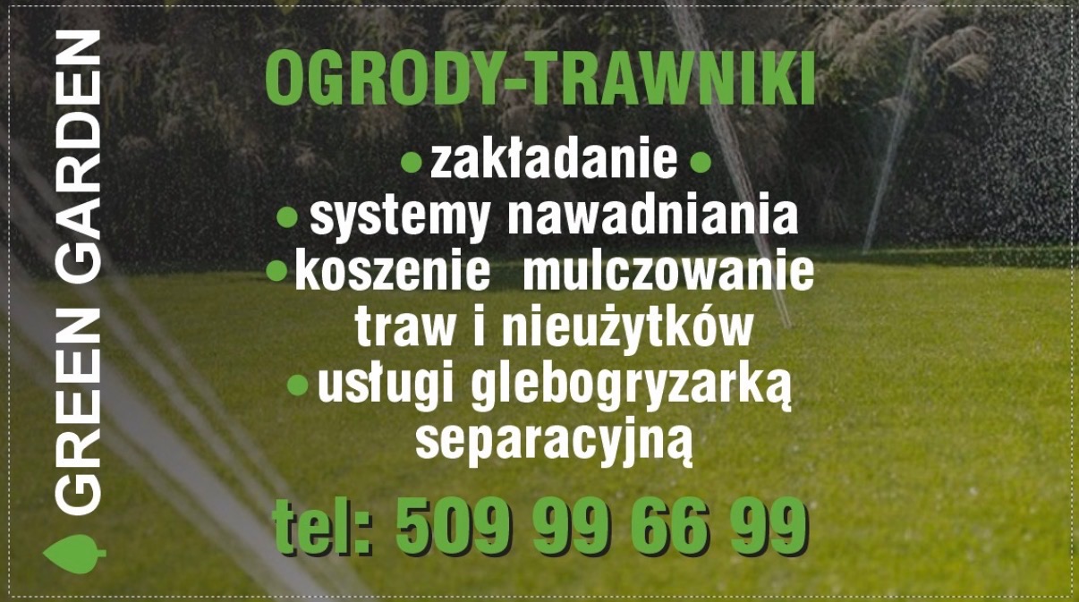 Grafika reklamowa: soczysta zieleń trawnika, system nawadniania w akcji, oferta usług ogrodniczych (zakładanie, koszenie, glebogryzarka) i kontakt telefoniczny.