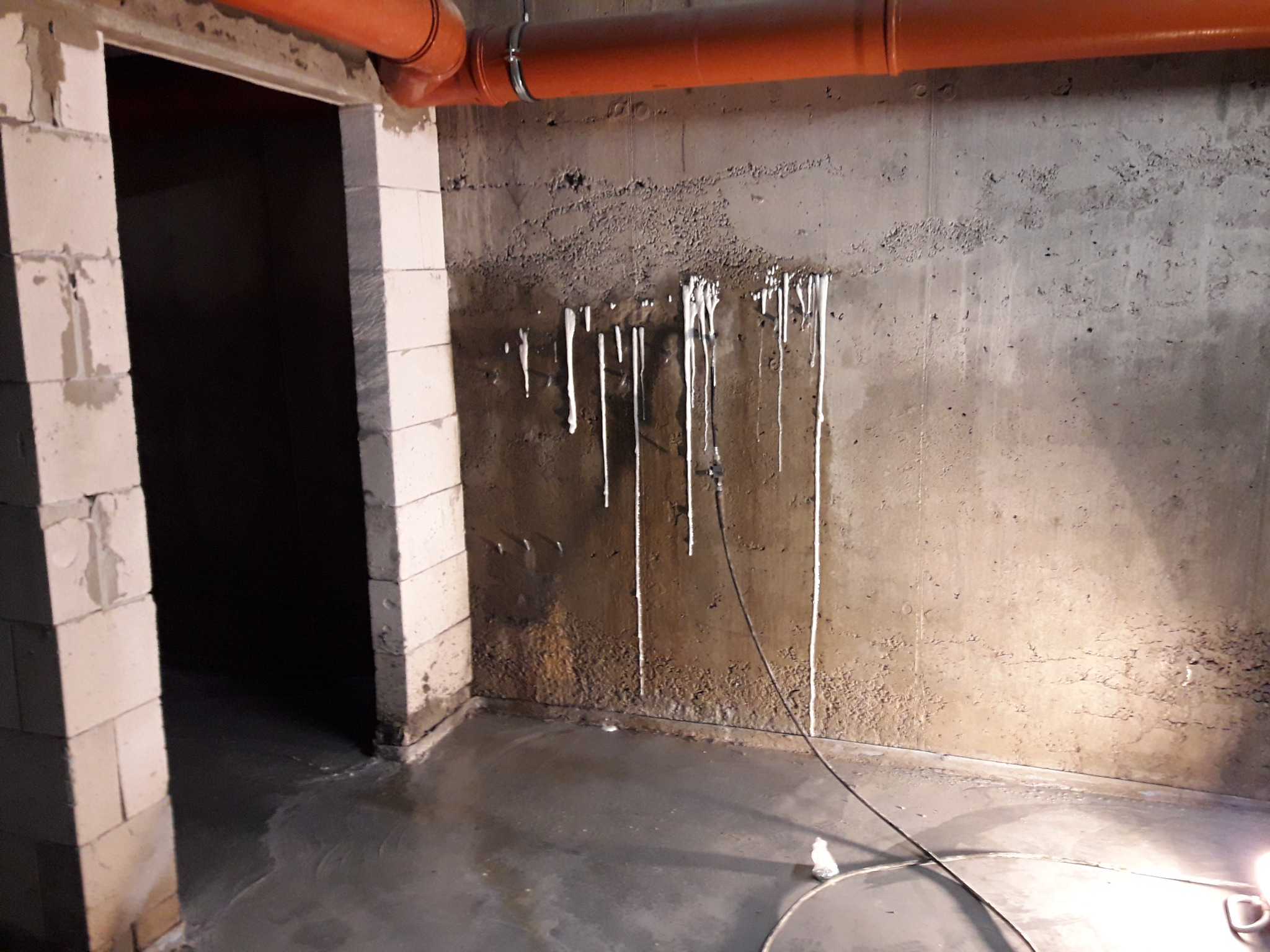 Wilgotna ściana piwnicy z wykwitami i śladami po zalaniu, widoczne rury i przewody. Blokowa konstrukcja otworu drzwiowego. Szare ściany i podłoga.