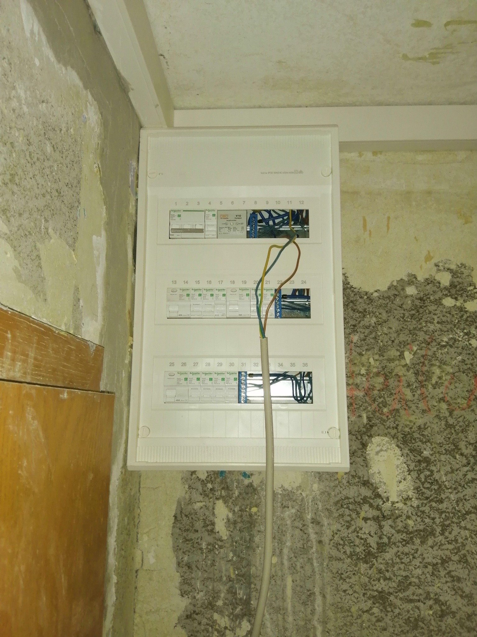 Skrzynka elektryczna natynkowa z przewodami na tle surowej ściany. Widoczne zabezpieczenia i gniazdo budowlane przed montażem dekli.