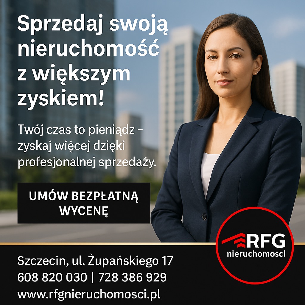 Profesjonalna agentka nieruchomości na tle budynków, oferta sprzedaży z zyskiem, bezpłatna wycena w Szczecinie, kontakt i logo firmy RFG nieruchomości.