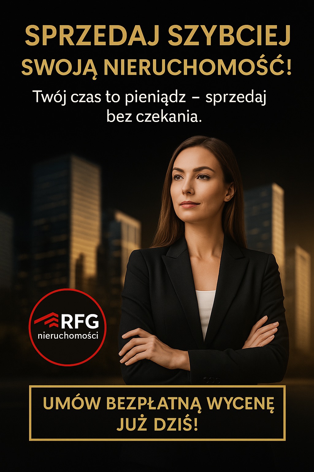 Profesjonalny wizerunek agentki nieruchomości RFG na tle miejskich budynków, promujący szybką sprzedaż i bezpłatną wycenę. Złote napisy na czarnym tle.