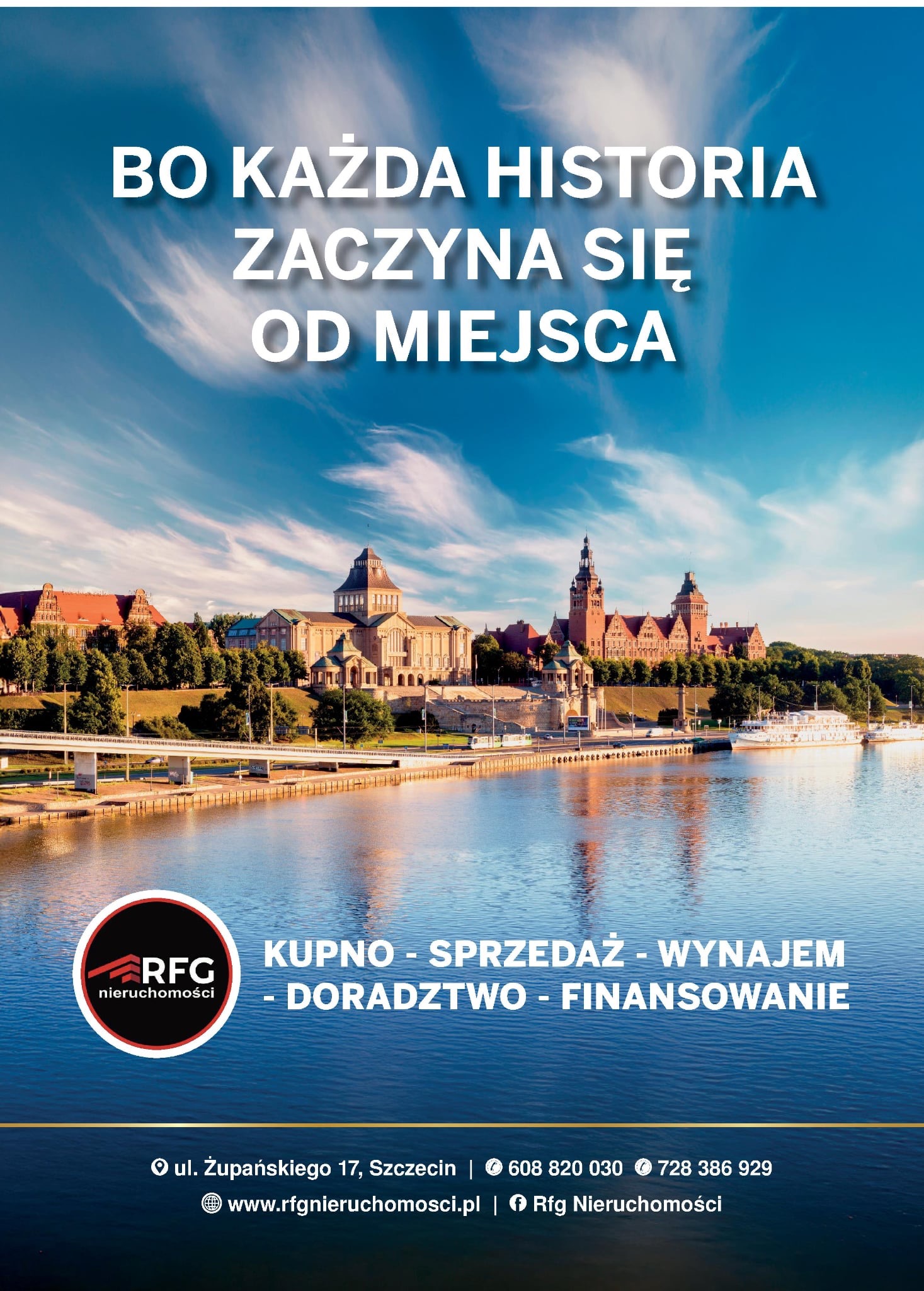 Panorama Szczecina z Wałów Chrobrego, reklama agencji RFG Nieruchomości oferującej kupno, sprzedaż, wynajem, doradztwo i finansowanie nieruchomości.