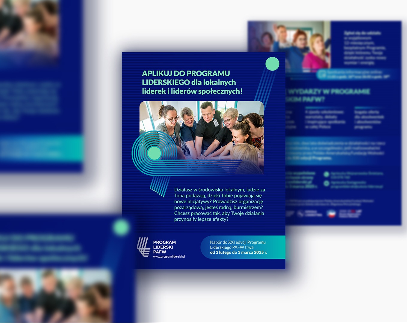 Ulotka promująca program liderski z grupą osób w centrum. Dominująca kolorystyka: granat i odcienie błękitu. Widoczne logo programu i daty naboru.
