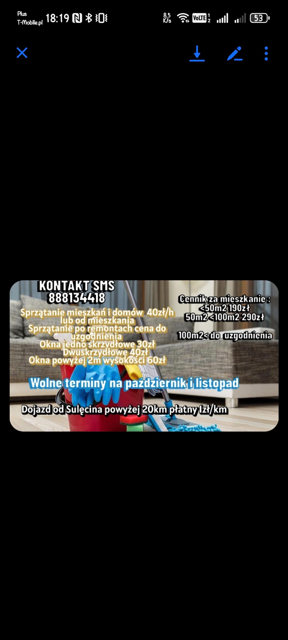 Grafika z ofertą usług: sprzątanie mieszkań, domów, po remontach, mycie okien. Cennik, kontakt SMS i informacja o wolnych terminach na październik i listopad.