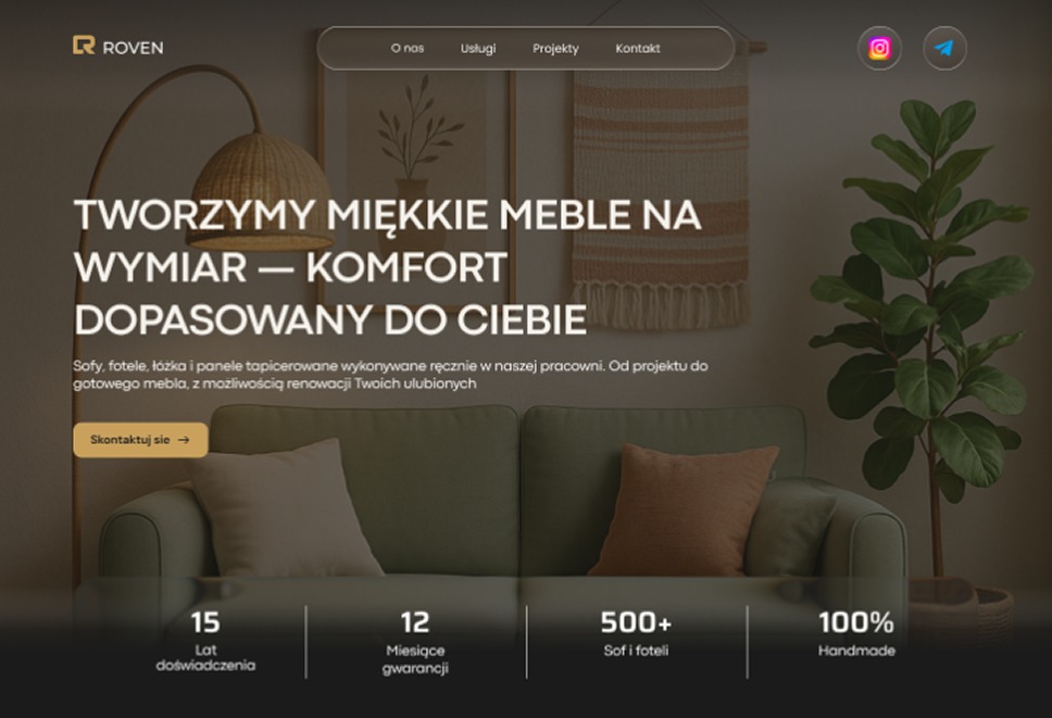 Strona internetowa producenta mebli tapicerowanych na wymiar. Minimalistyczny design, sofa w centrum, informacje o doświadczeniu i gwarancji. Ikony mediów społecznościowych.