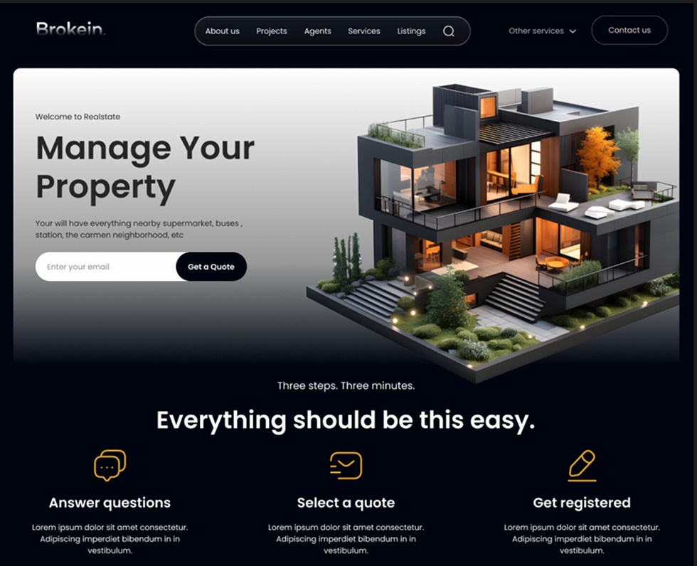 Strona internetowa z nowoczesną wizualizacją domu i hasłem 'Manage Your Property'. Minimalistyczny design, ciemne tło, jasne elementy tekstowe i graficzne.