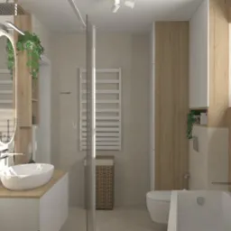 Wizualizacja łazienki: owalne lustro z podświetleniem, drewniane panele, wisząca zieleń, szklana kabina, beżowe płytki i nowoczesna armatura.