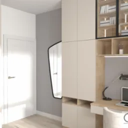 Wizualizacja garderoby z biurkiem: beżowe szafy z przeszkleniami, oświetlenie LED, czarne detale, lustro, biurko z laptopem i lampką. Stonowana kolorystyka.