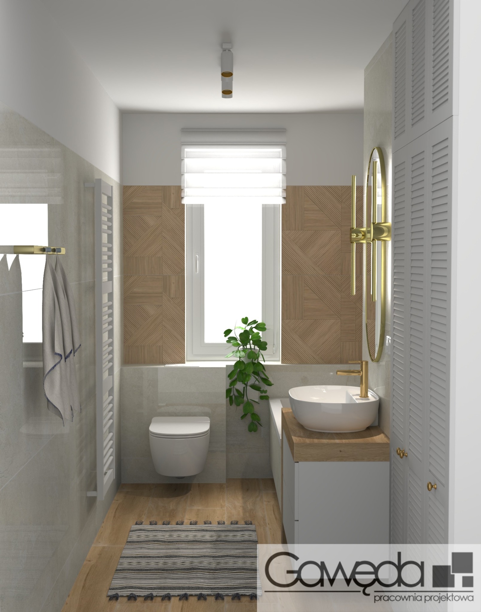 Wizualizacja łazienki z drewnianą mozaiką nad toaletą i umywalką. Złota armatura, roślina w oknie i szary dywanik dodają przytulności. Białe szafki i grzejnik.