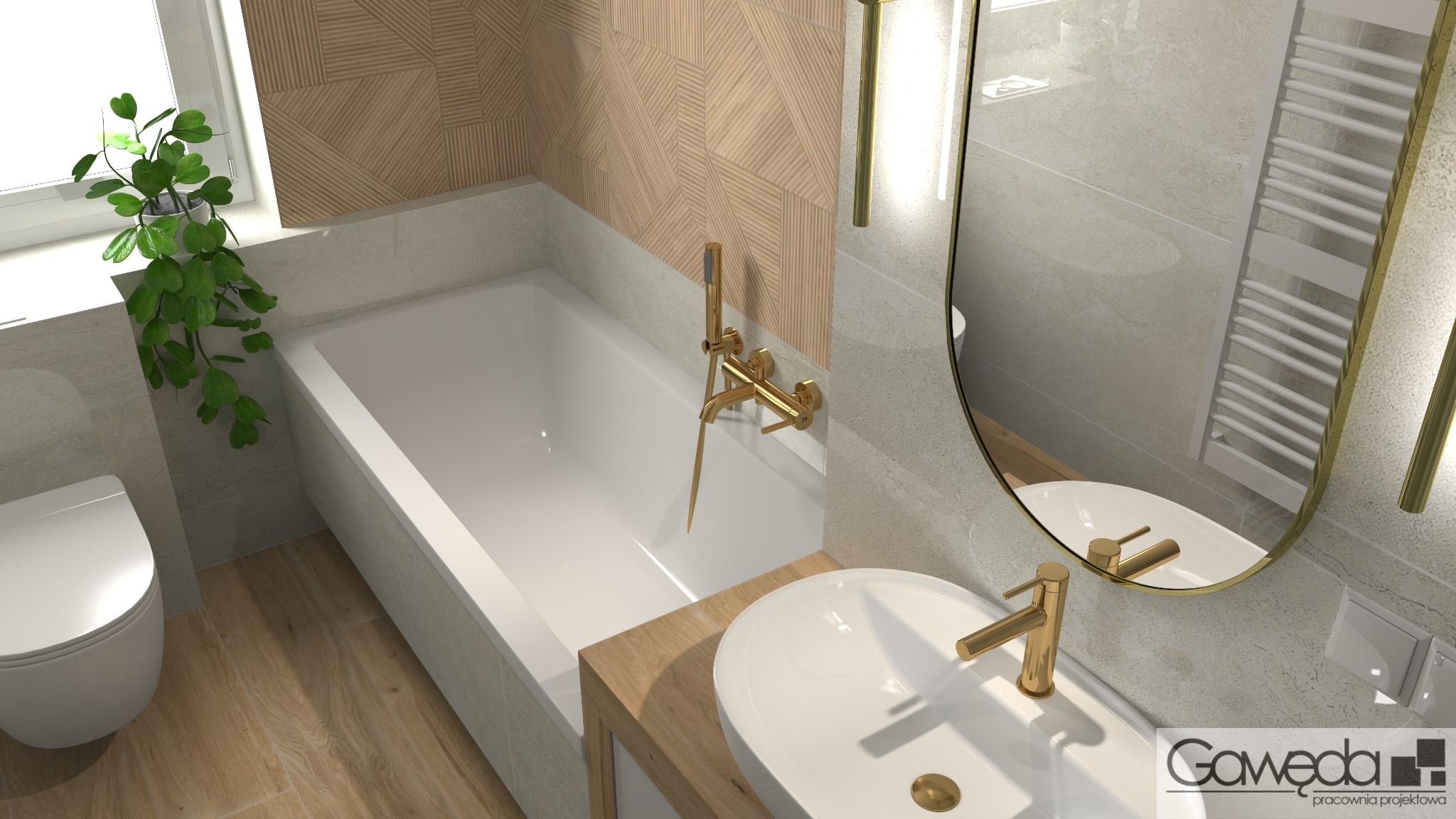Nowoczesna łazienka z drewnianą podłogą, złotą armaturą i geometrycznym wzorem na ścianie. Roślina doniczkowa dodaje naturalnego akcentu przy oknie.