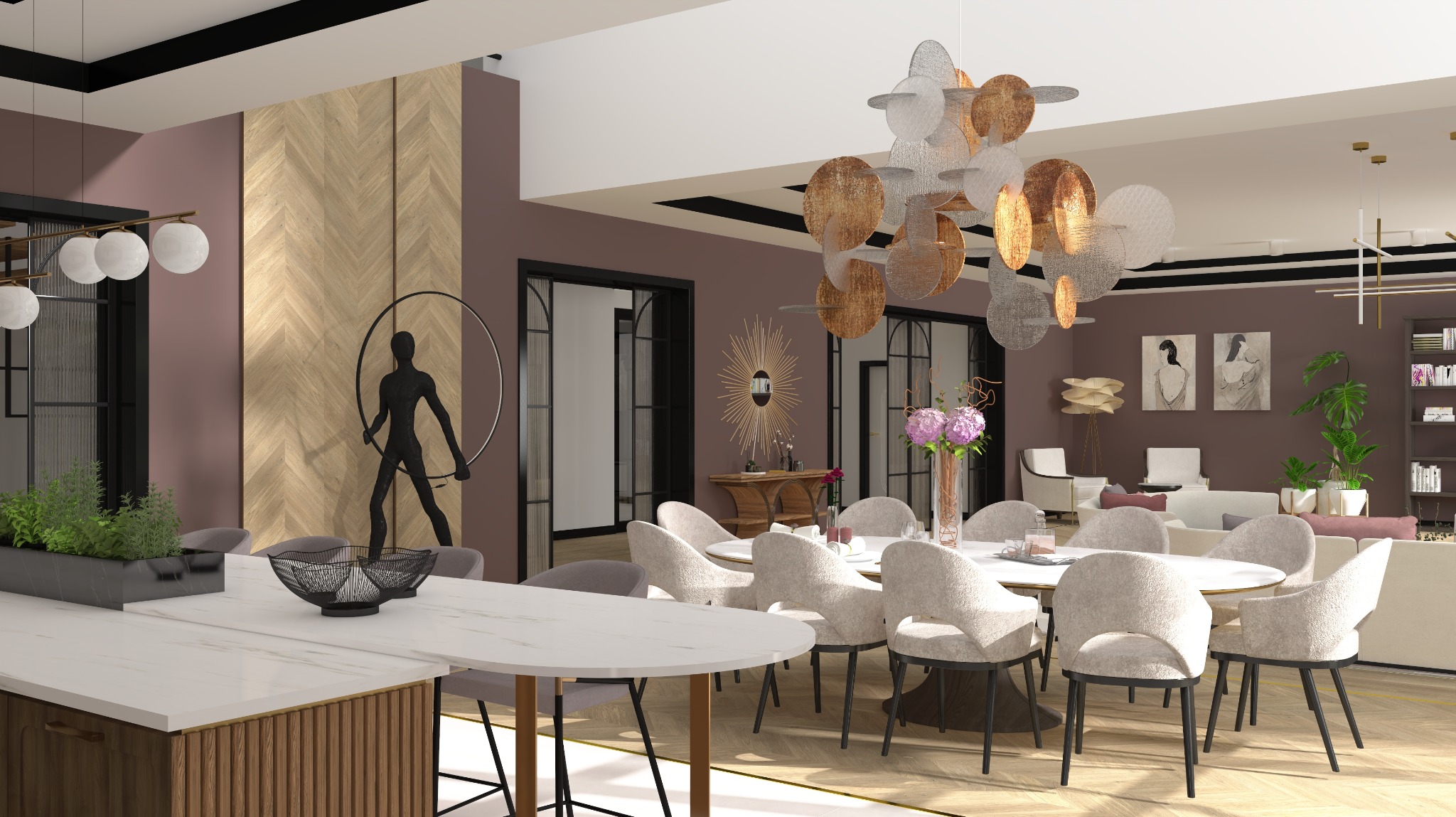 Projekt wnętrza salonu z kuchnią i jadalnią
