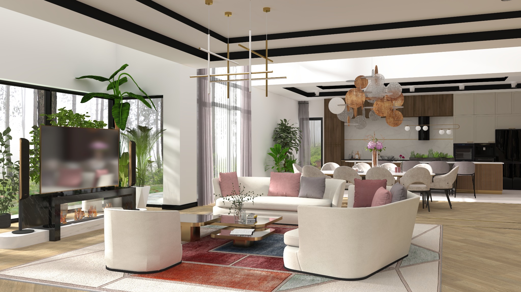 Nowoczesny salon z kuchnią i jadalnią w Andrychowie. Jasne kolory, designerskie lampy, duży telewizor i rośliny tworzą przytulną przestrzeń.