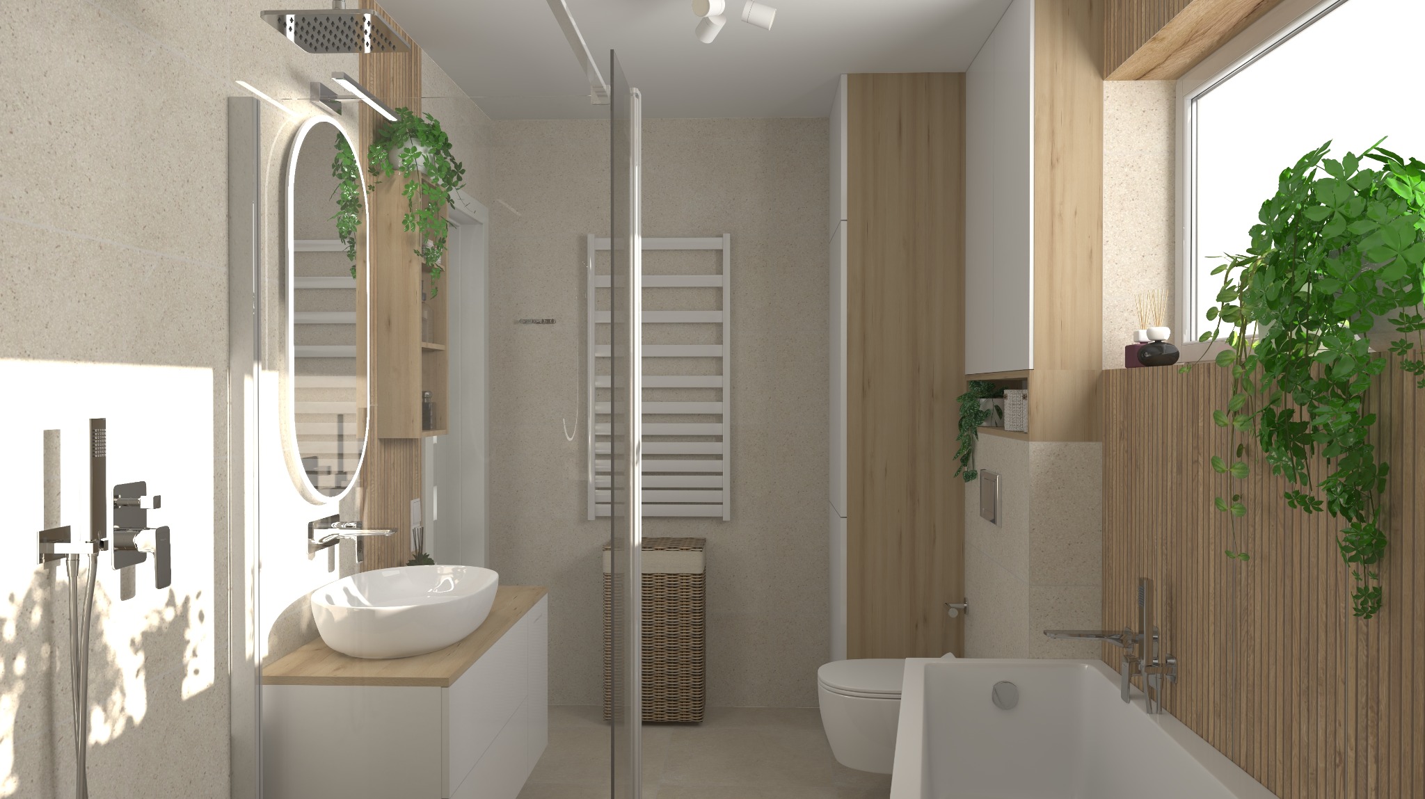 Wizualizacja łazienki: owalne lustro z podświetleniem, drewniane panele, wisząca zieleń, szklana kabina, beżowe płytki i nowoczesna armatura.