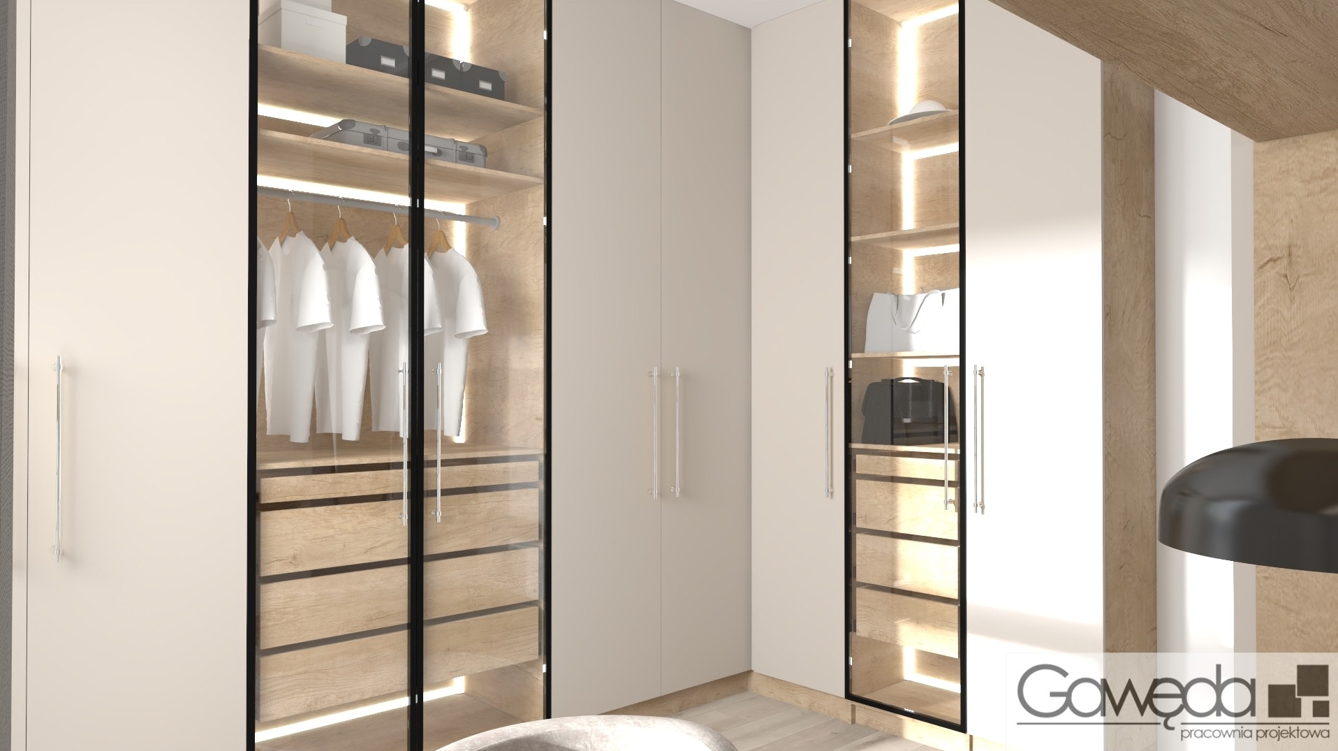 Projekt wnętrza garderoby z miejscem do pracy