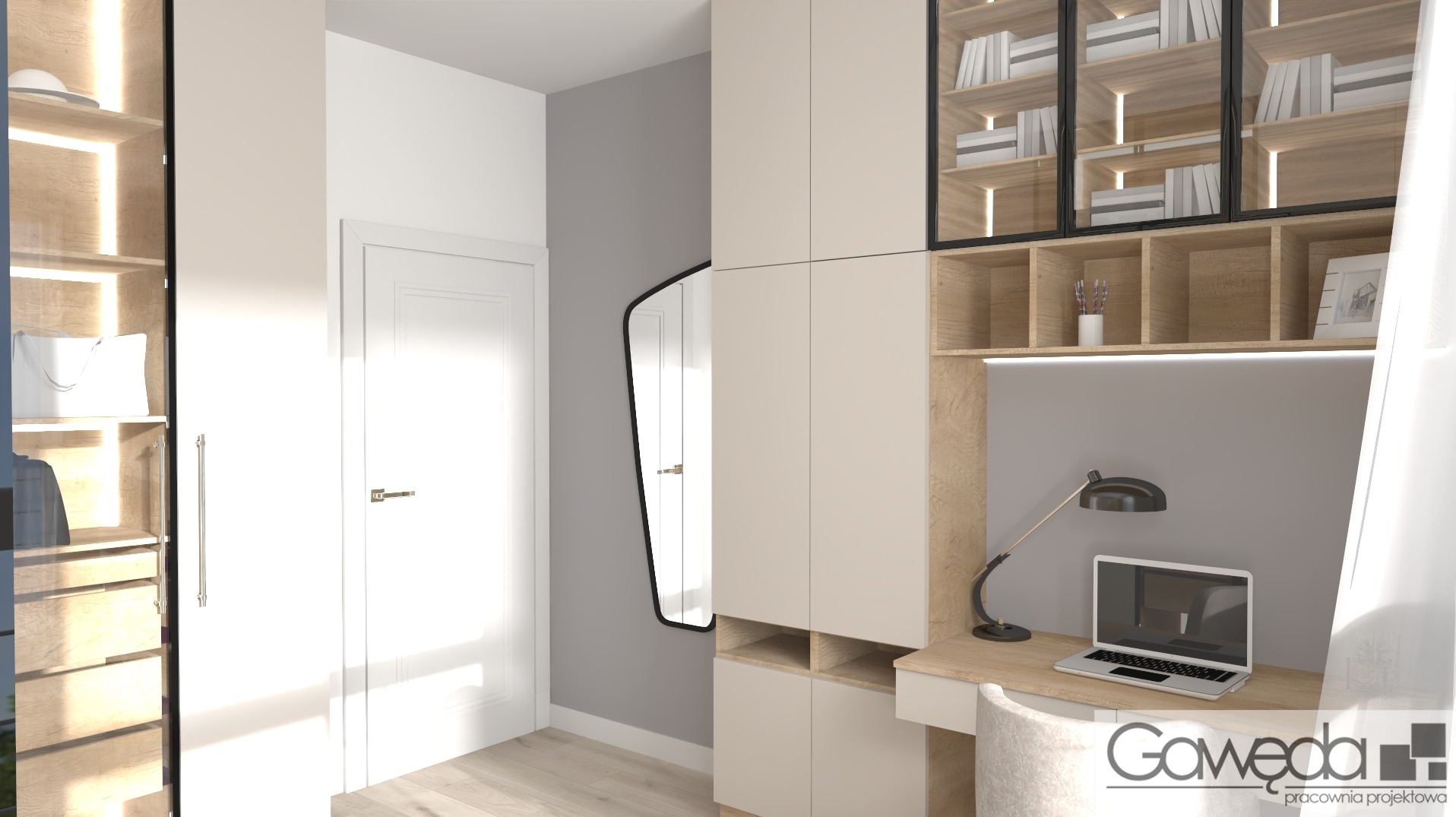 Wizualizacja garderoby z biurkiem: beżowe szafy z przeszkleniami, oświetlenie LED, czarne detale, lustro, biurko z laptopem i lampką. Stonowana kolorystyka.