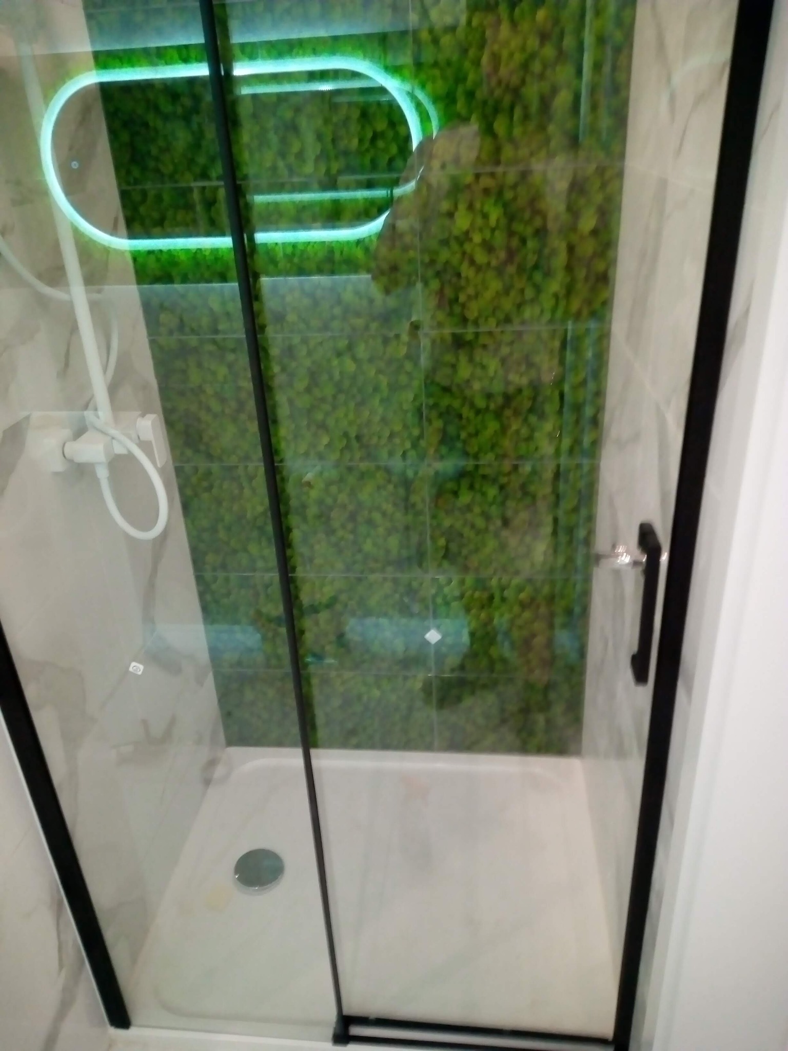 Nowoczesna kabina prysznicowa z czarnymi profilami i ozdobną ścianą z mchu, podświetloną neonem. Widoczne marmurowe płytki i minimalistyczna armatura.