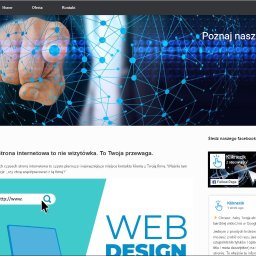 Kliknecik - Strona internetowa firmy z nagłówkiem 'Poznaj naszą ofertę' i grafiką dłoni w sieci połączeń. Widoczny fragment tekstu o przewadze strony internetowej.