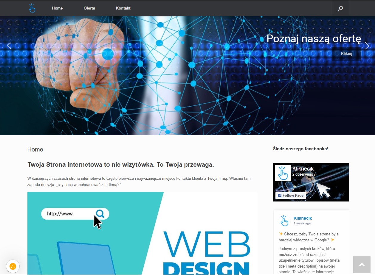 Strona internetowa firmy z nagłówkiem 'Poznaj naszą ofertę' i grafiką dłoni w sieci połączeń. Widoczny fragment tekstu o przewadze strony internetowej.