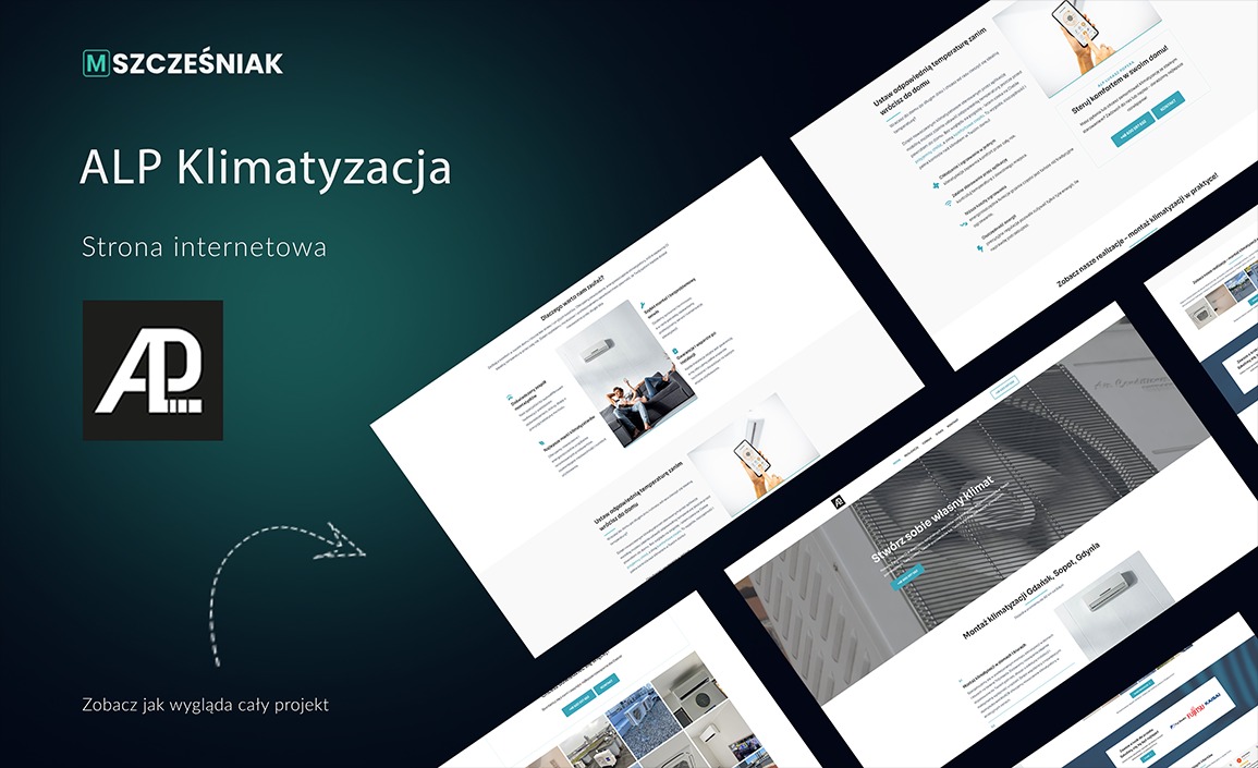 Projekt strony internetowej ALP Klimatyzacja, prezentujący responsywny design na różnych urządzeniach. Widoczne detale interfejsu i funkcjonalności.