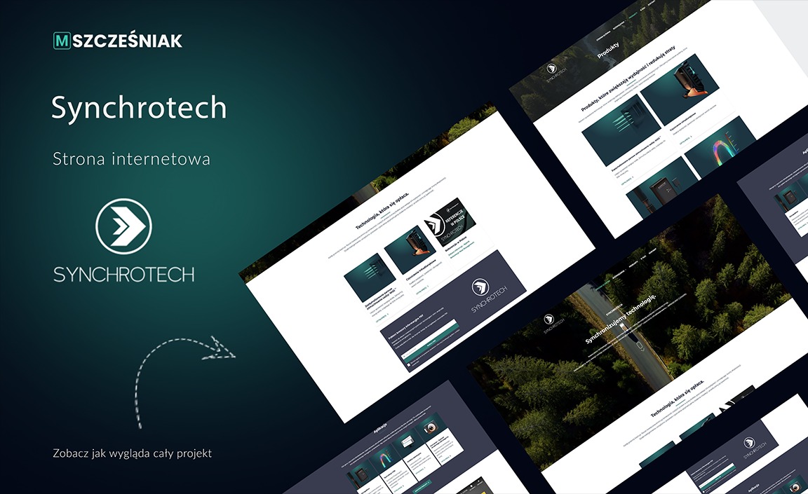 Ekspozycja projektu strony internetowej Synchrotech na ciemnozielonym tle. Widoczne fragmenty różnych podstron, logo firmy i hasło: Synchronizujemy technologię.
