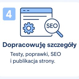 Kamil Rogowski - Grafika wektorowa: ikona strony z kołem zębatym, lupa z napisem SEO, napis 'Dopracowuję szczegóły. Testy, poprawki, SEO i publikacja strony.', cyfra 4.