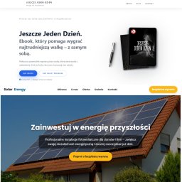 Kamil Rogowski - Strona internetowa z panelem fotowoltaicznym na dachu domu i ebookiem 'Jeszcze Jeden Dzień'. Minimalistyczny design, czytelna typografia, przyjazna kolorystyka.
