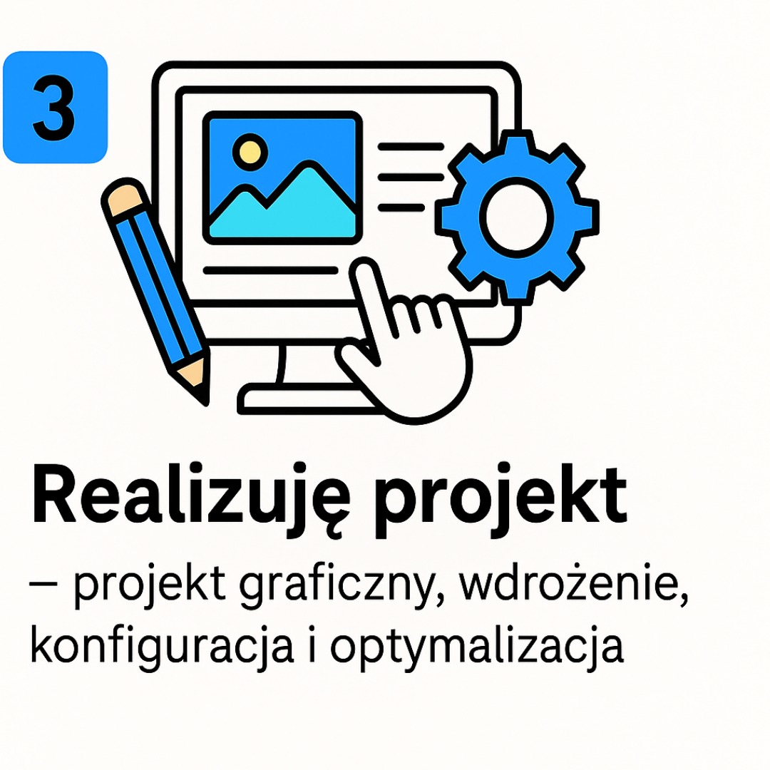 Ilustracja wektorowa: monitor z grafiką, dłoń wskazująca na zębatkę, ołówek i napis 'Realizuję projekt - projekt graficzny, wdrożenie, konfiguracja i optymalizacja'.