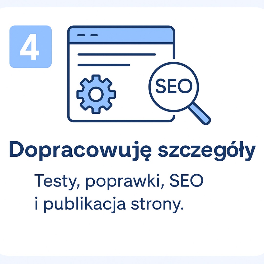 Grafika wektorowa: ikona strony z kołem zębatym, lupa z napisem SEO, napis 'Dopracowuję szczegóły. Testy, poprawki, SEO i publikacja strony.', cyfra 4.