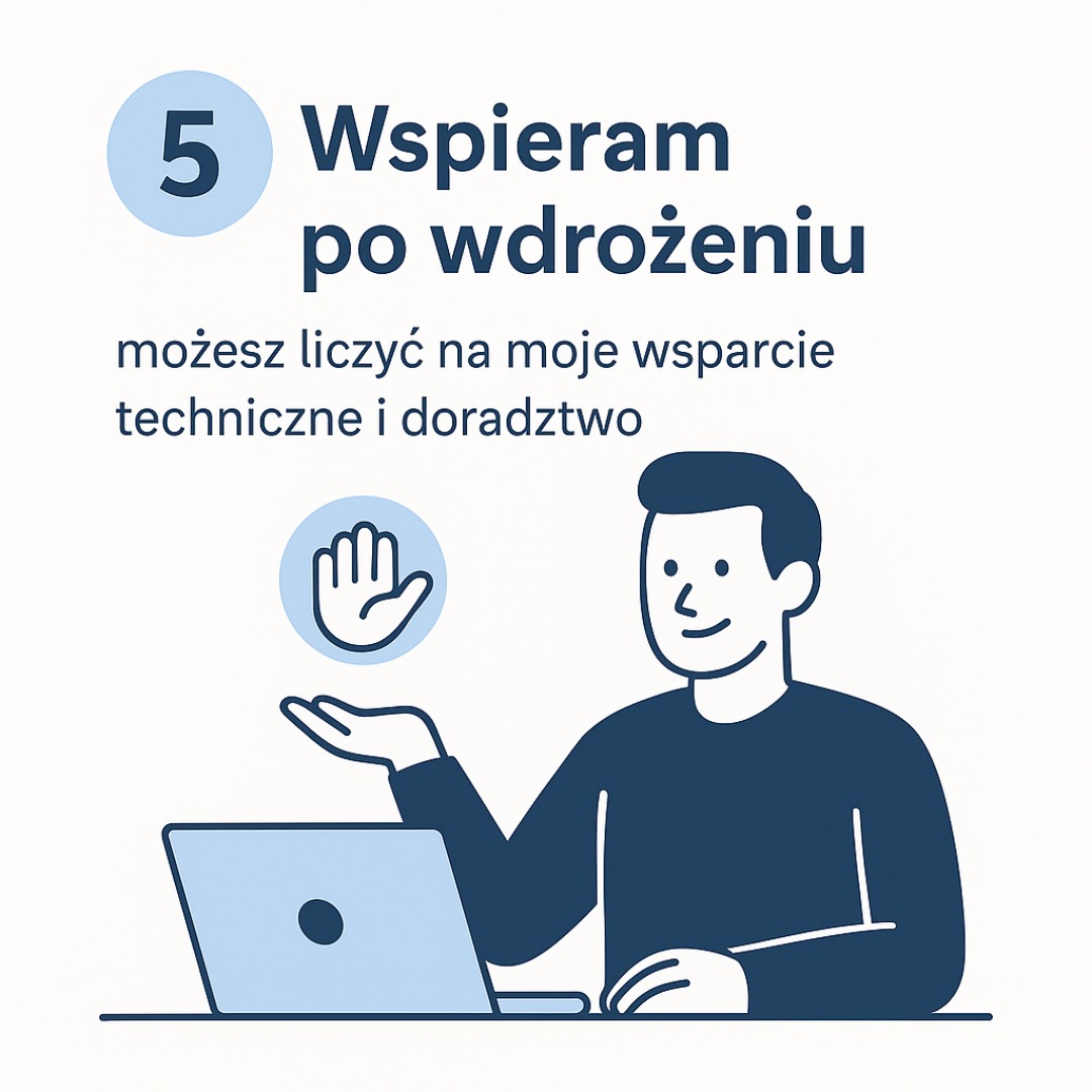 Ilustracja: Mężczyzna z laptopem oferuje wsparcie techniczne i doradztwo po wdrożeniu, numer 5 w kółku. Grafika w odcieniach błękitu i granatu na jasnym tle.