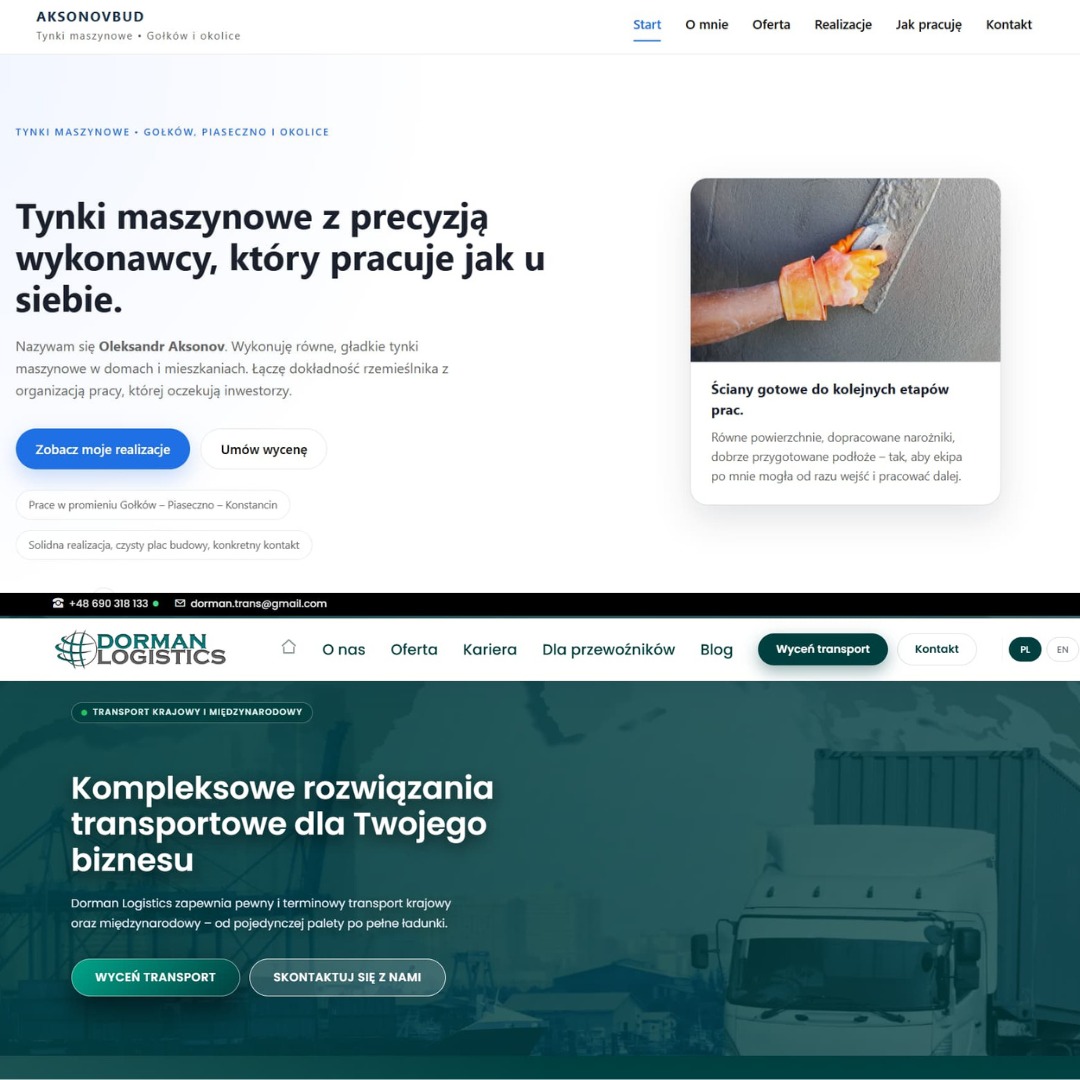 Fragment strony internetowej firmy budowlanej z ofertą tynków maszynowych i transportu. Widoczne logo, menu, zdjęcia realizacji i dane kontaktowe.