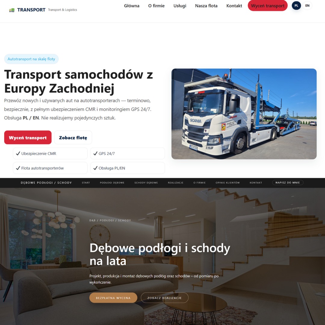 Zrzut strony internetowej firmy transportowej z autotransporterem Scania. Oferta przewozu aut w Europie Zachodniej, ubezpieczenie CMR, GPS 24/7, obsługa PL/EN.