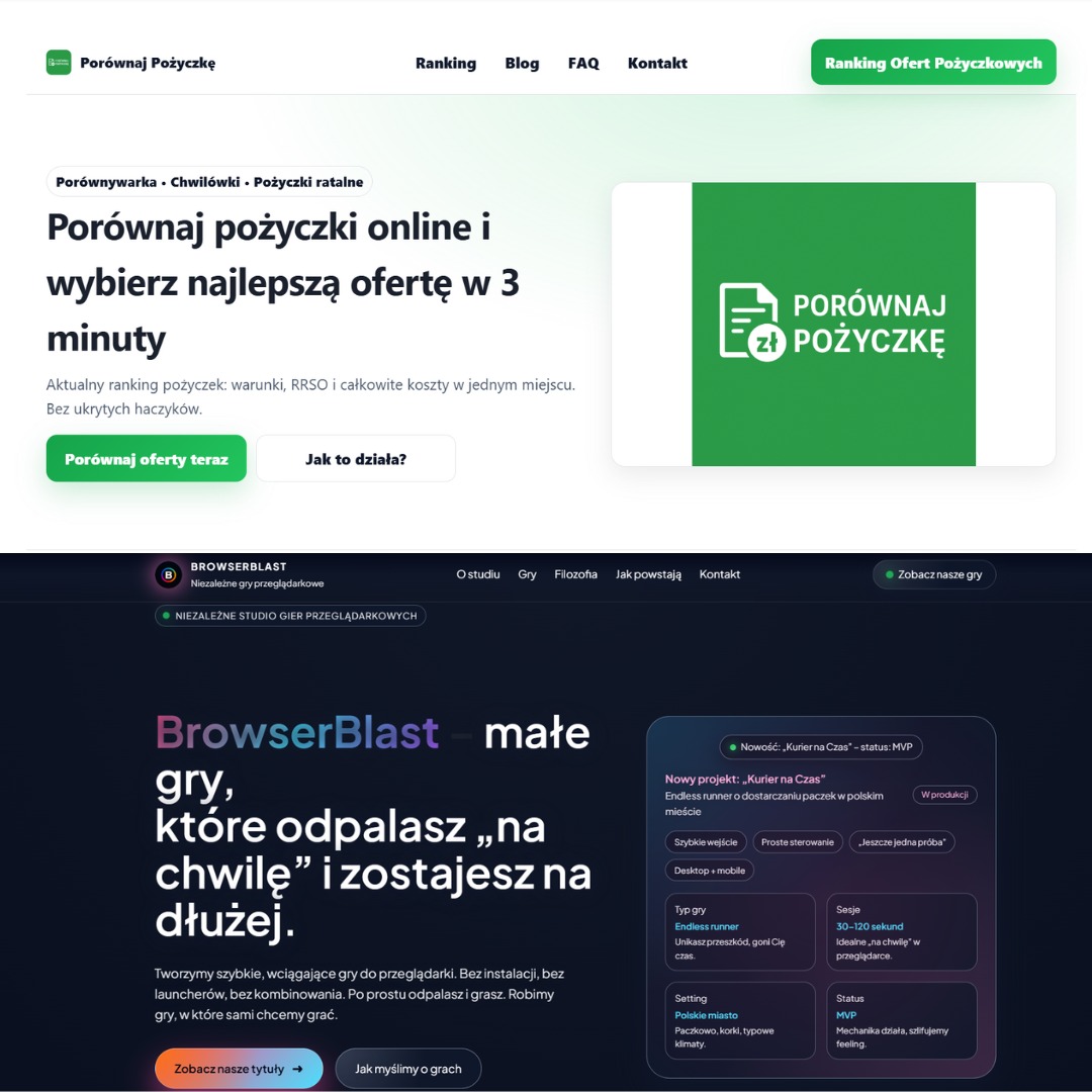 Zrzut ekranu strony internetowej z porównywarką pożyczek i prezentacją gry przeglądarkowej BrowserBlast. Kontrastowe kolory, nowoczesny design, czytelna typografia.