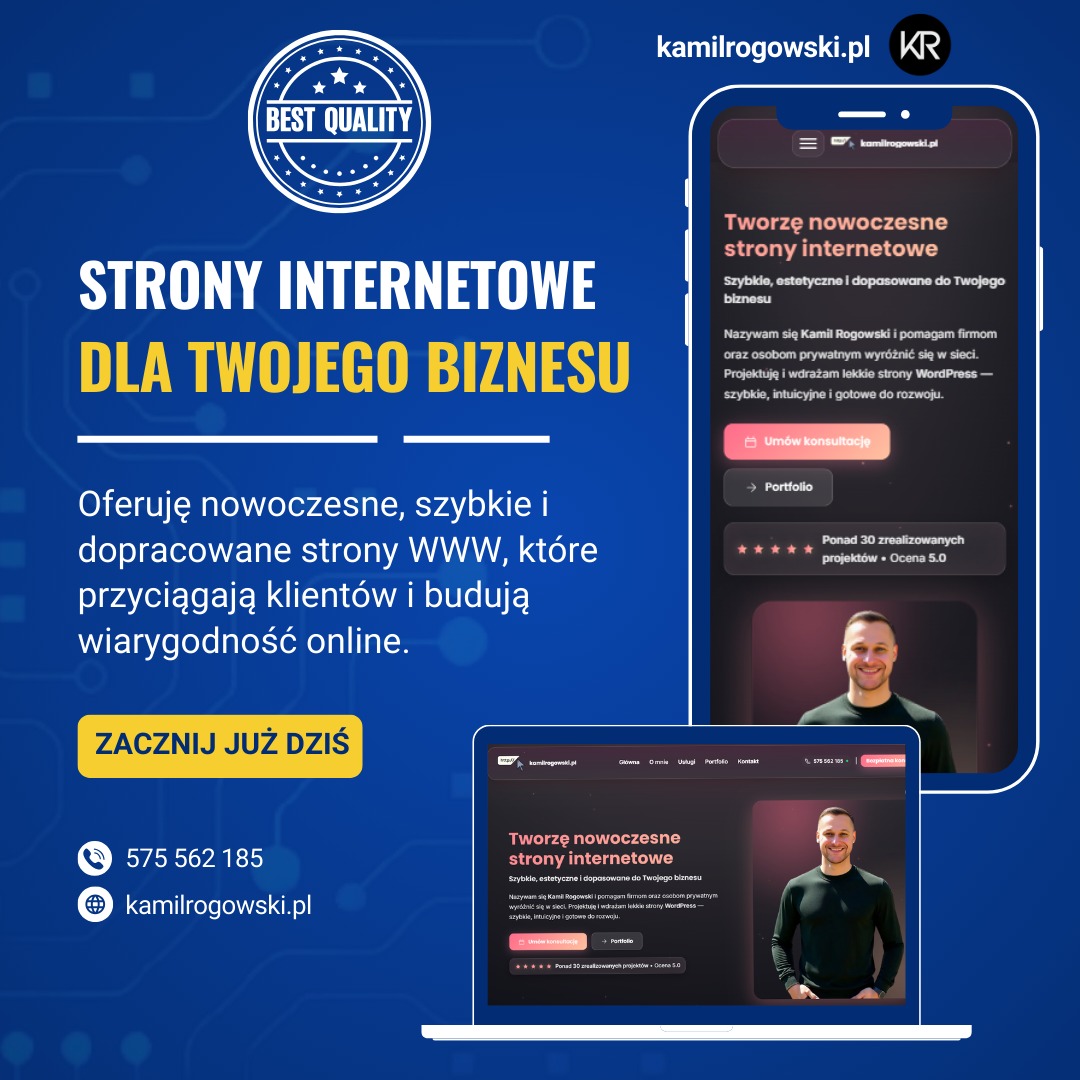 Grafika reklamowa: Strony internetowe dla Twojego biznesu. Oferta nowoczesnych stron WWW. Prezentacja strony na smartfonie. Kontakt: kamilrogowski.pl.