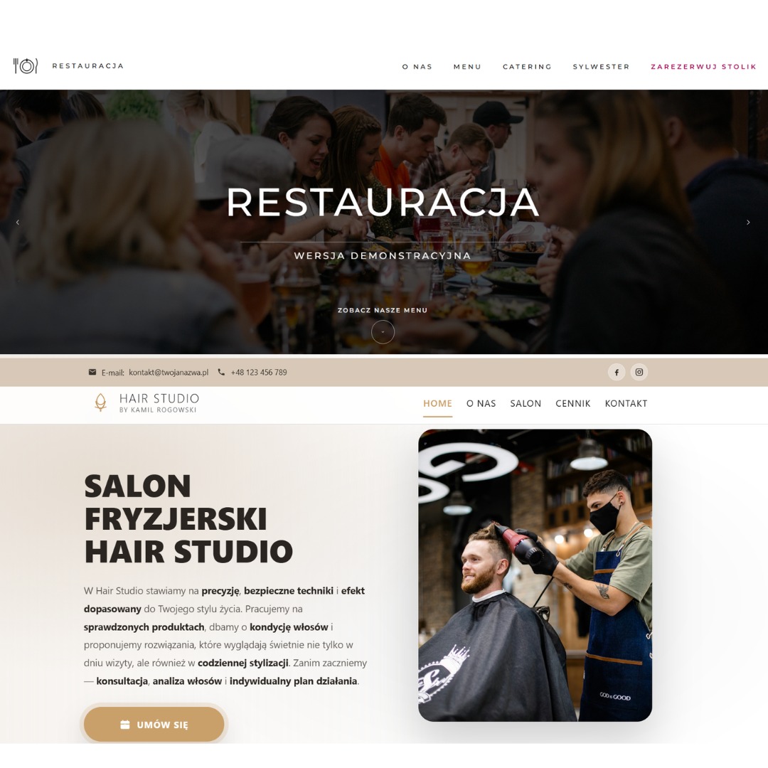 Strona internetowa salonu fryzjerskiego Hair Studio: zdjęcie fryzjera w masce strzyżącego klienta. Logo, menu, kontakt. Precyzja, bezpieczeństwo, stylizacja.