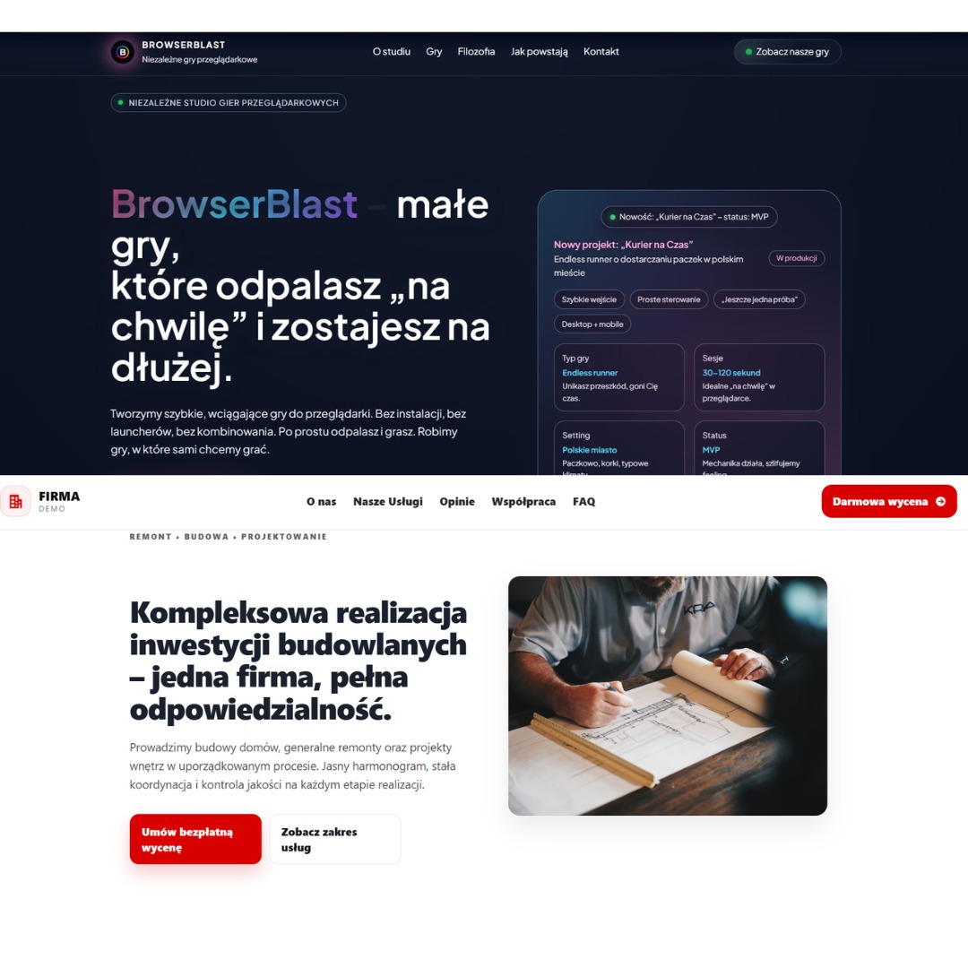 Strona internetowa studia gier BrowserBlast z informacjami o nowym projekcie i ofercie. Widoczny fragment biura projektowego z planami budowlanymi.