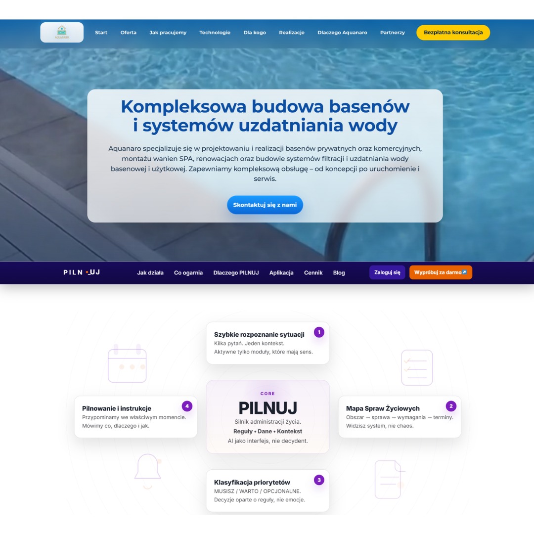 Strona internetowa firmy Aquanaro z ofertą budowy basenów i systemów uzdatniania wody. Widoczne menu, nagłówek z tekstem i przycisk 'Skontaktuj się z nami'.