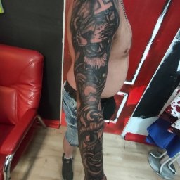 Pracownia Artystyczna Degenera - Męskie ramię z czarno-szarym tatuażem: lew z symbolem na czole, oko i róża. W tle czerwono-biała ściana i czerwone krzesło. Widoczne fragmenty ciała i ubrania.