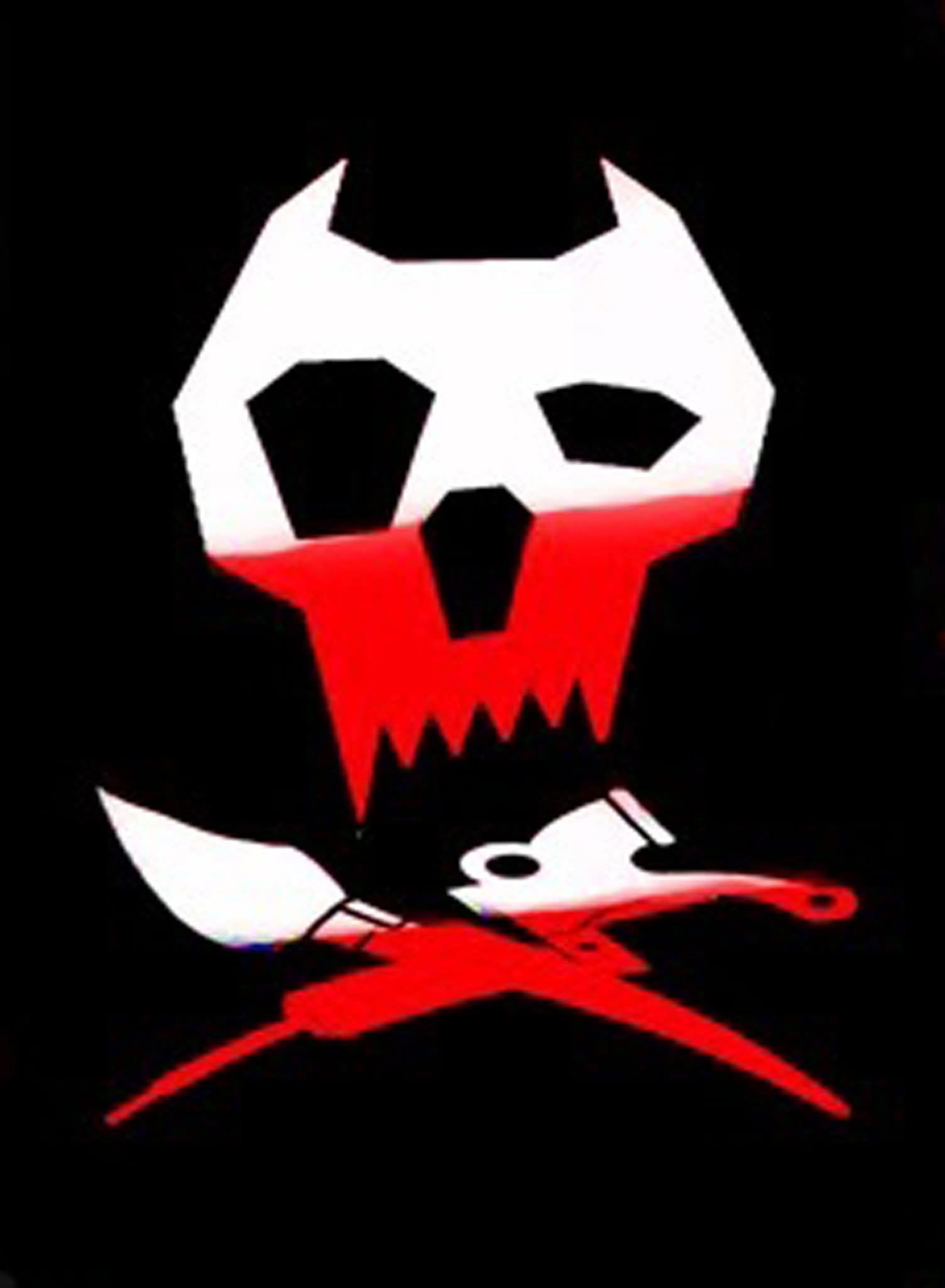 Grafika: Biała czaszka z rogami, czerwona farba spływająca na skrzyżowane pędzle na czarnym tle. Mroczny, artystyczny design.