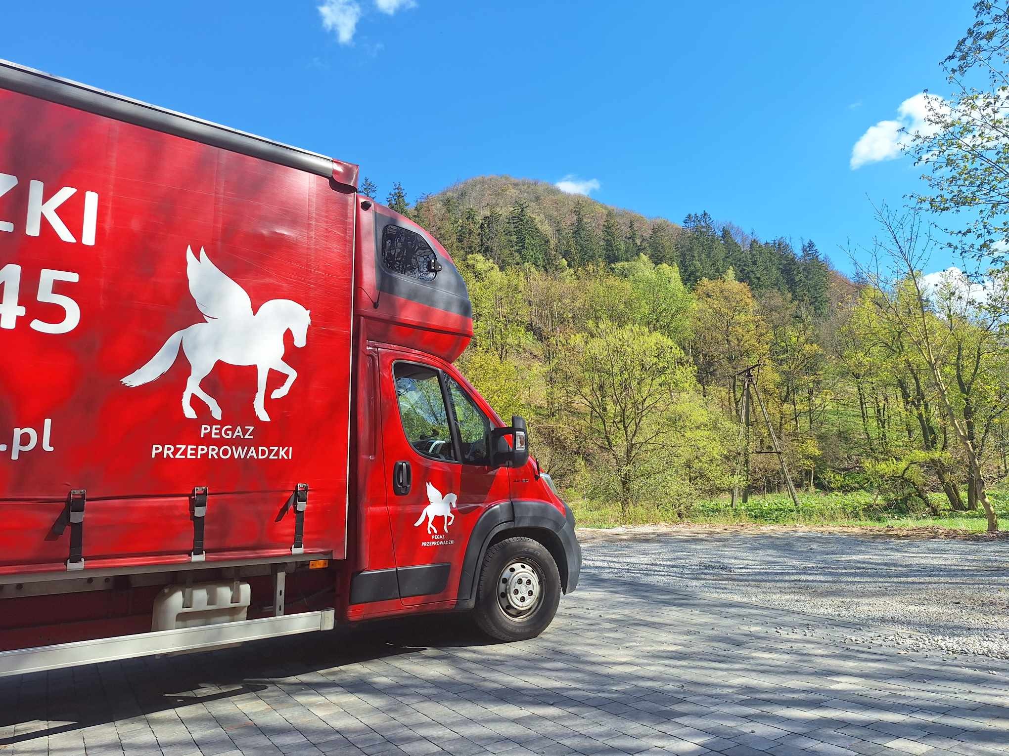 Czerwona ciężarówka firmy Pegaz Przeprowadzki z białym logo konia z skrzydłami, zaparkowana na tle zielonego wzgórza i błękitnego nieba.