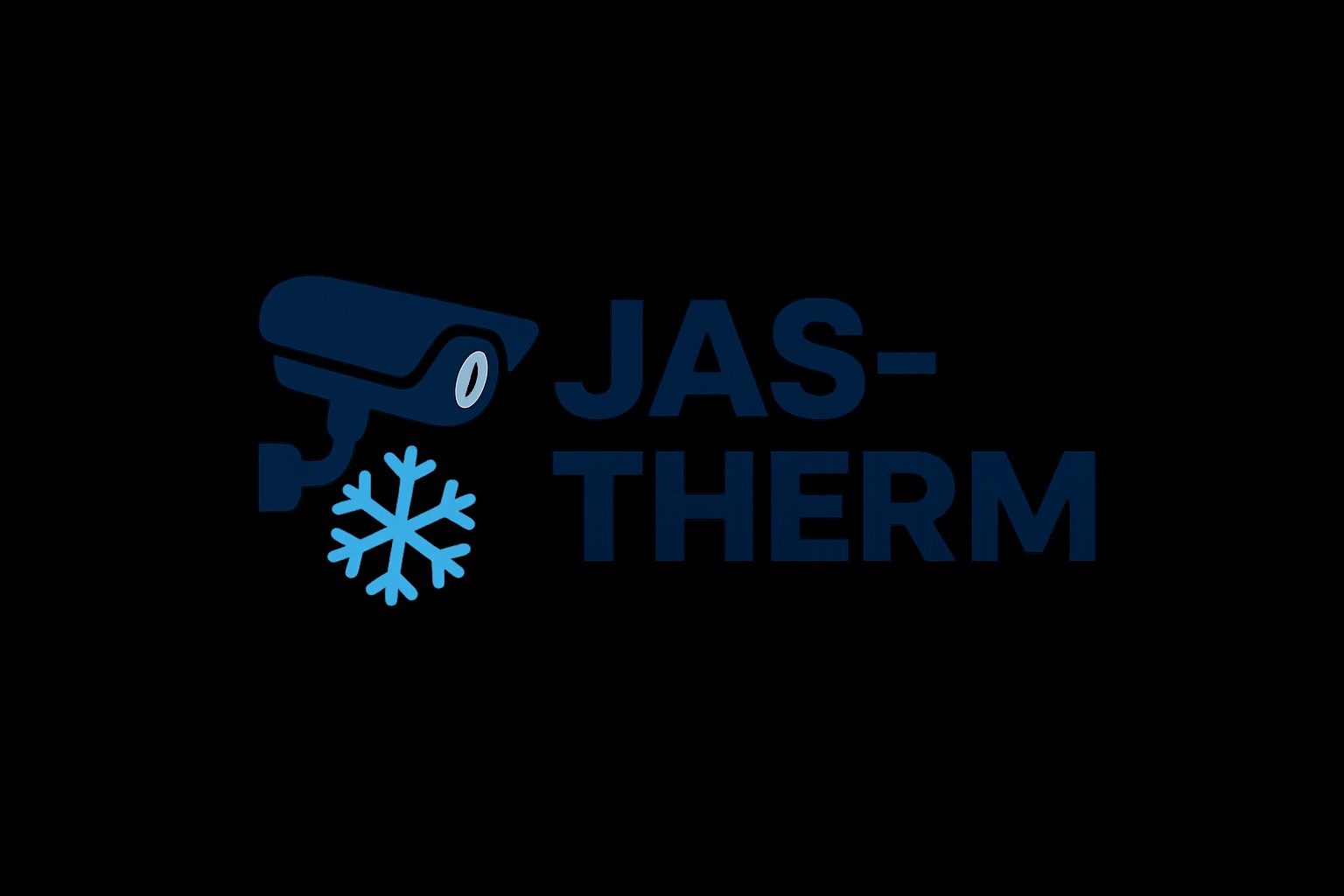 Logo firmy JAS-THERM z kamerą monitoringu i płatkiem śniegu na czarnym tle. Grafika w odcieniach niebieskiego, sugeruje usługi związane z monitoringiem i chłodnictwem.