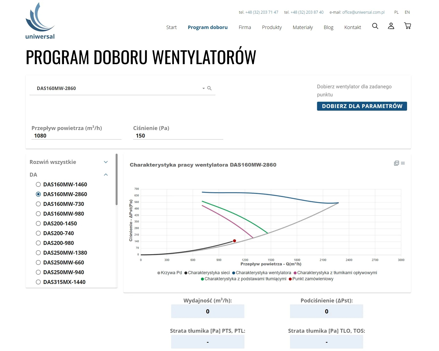 Program doboru wentylatorów. Wykres charakterystyki pracy wentylatora DAS160MW-2860 z danymi przepływu powietrza i ciśnienia. Interfejs z opcjami wyboru.