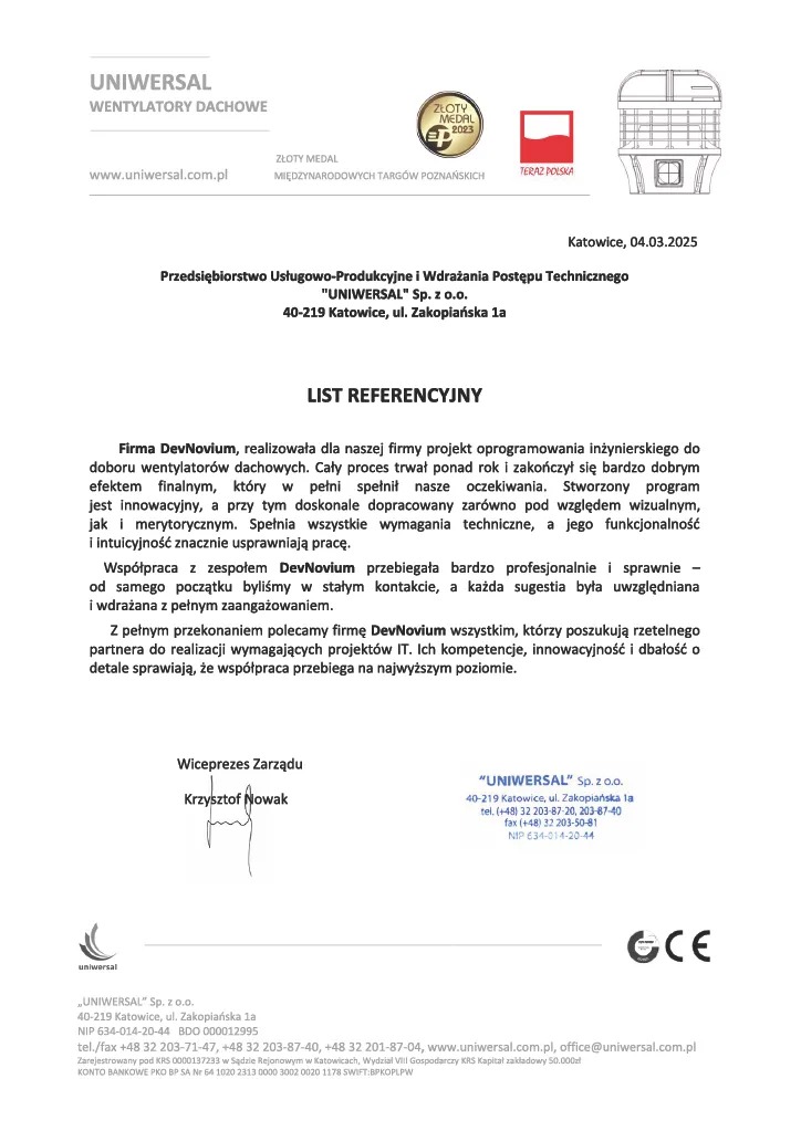 List referencyjny od firmy Uniwersal dla DevNovium za projekt oprogramowania inżynierskiego do doboru wentylatorów dachowych. Dokument z Katowic, 04.03.2025.
