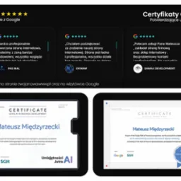 Certyfikaty Google i pozytywne opinie klientów o firmie. Widoczne certyfikaty z zakresu AI i Digital Marketing oraz recenzje 5-gwiazdkowe zadowolonych klientów.