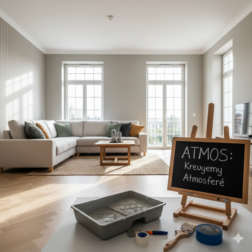Elegancki salon po malowaniu w odcieniach szarości, z paletą farb, pędzlem i tablicą z napisem 'ATMOS: Kreujemy Atmosferę'.