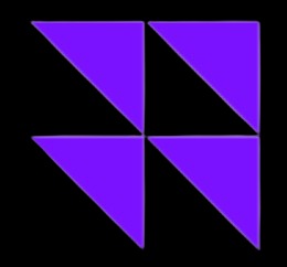 Abstrakcyjna, fioletowa grafika z czterech trójkątów, tworzących symetryczny wzór na czarnym tle. Minimalistyczny design z wyraźnym kontrastem kolorystycznym.